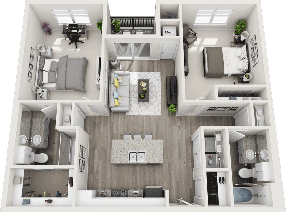 Floor plan for 2 beds, 2 baths, 1100 sqft